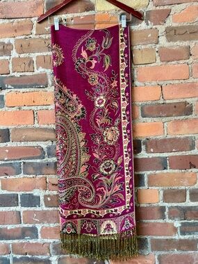 Magneta Paisley Pashmina & Silk Shawl with Gold Green Fringe. 72”x 28”